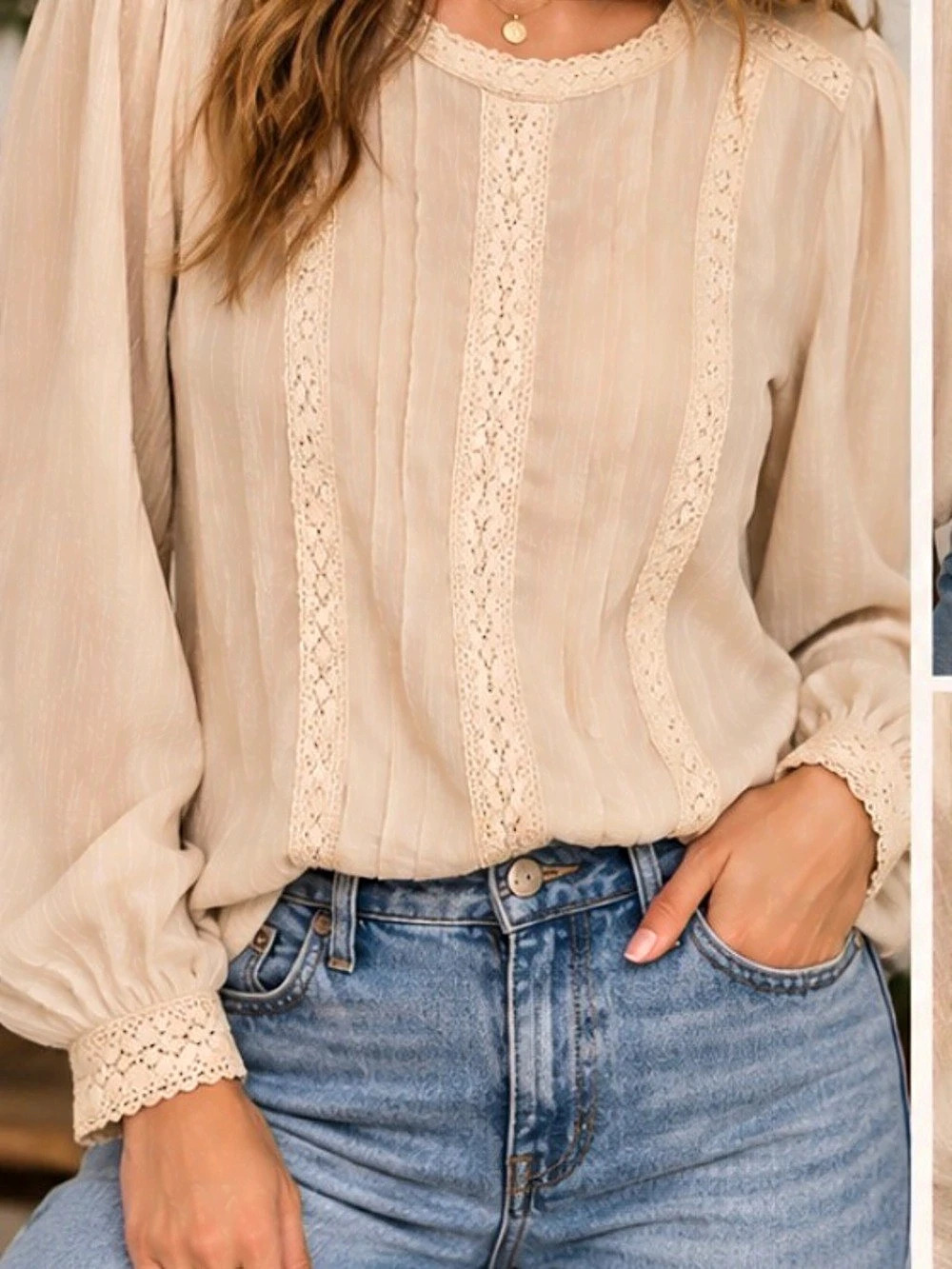 22” ptDevoted Light Cream Textured Lace-Trim Blouse Beige XL